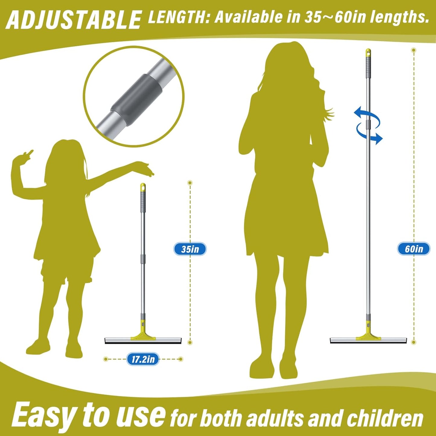 60'' Floor Squeegee Heavy Duty Scrubber with Telescopic Pole, Long Handle Squeegee for Floor with Rubber Blade, Broom for Concrete Floor Shower Tile Glass Pool Garage -17in