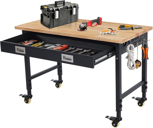 48'' Adjustable Workbench, Heavy Duty Workbench with Drawer, Power Outlet and Lockable Wheels, 2000 LBS Capacity, Work Table Suitable for Office, Garage, Workshop