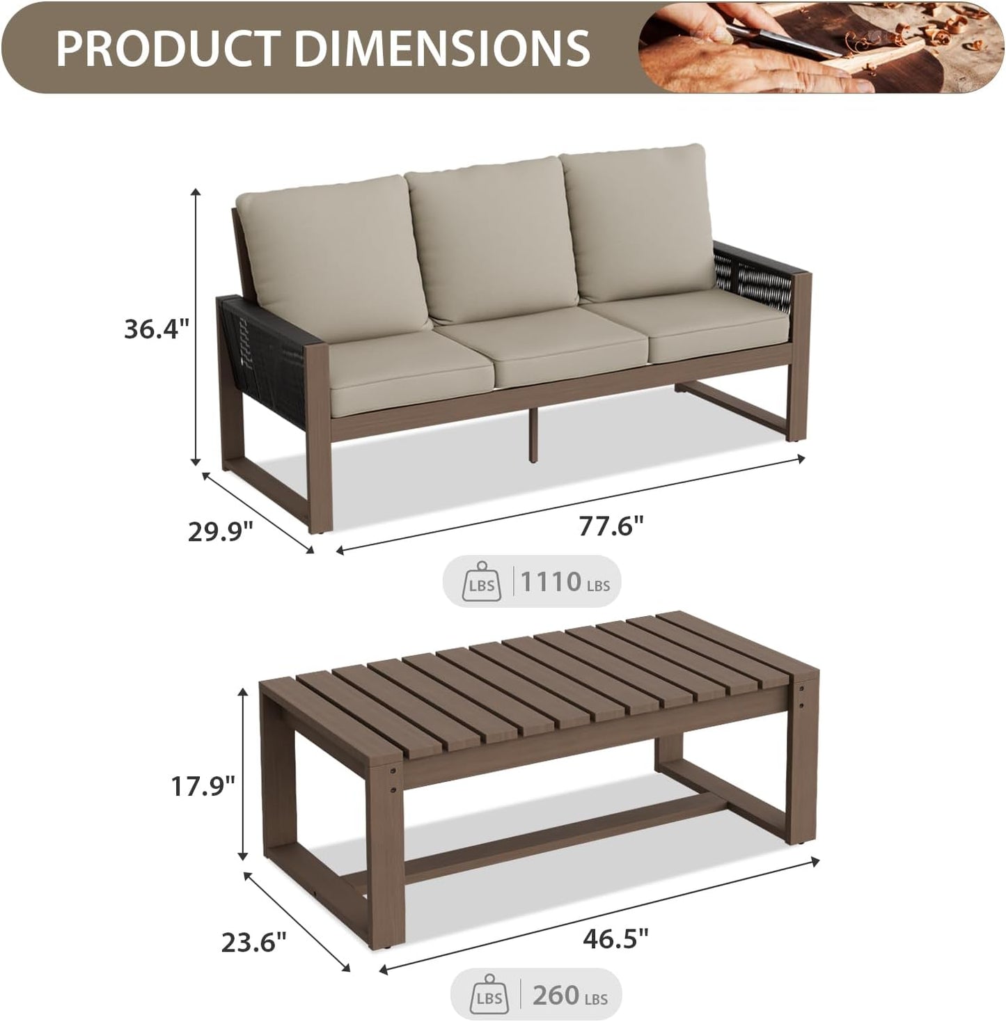 EAGLE PEAK Natural Wood Outdoor Patio Furniture, Cedar Furniture, Conversation Set, Outdoor Seating for Deck Patio Porch, Sofa & Coffee Table, 2 Pieces, Brown/Beige