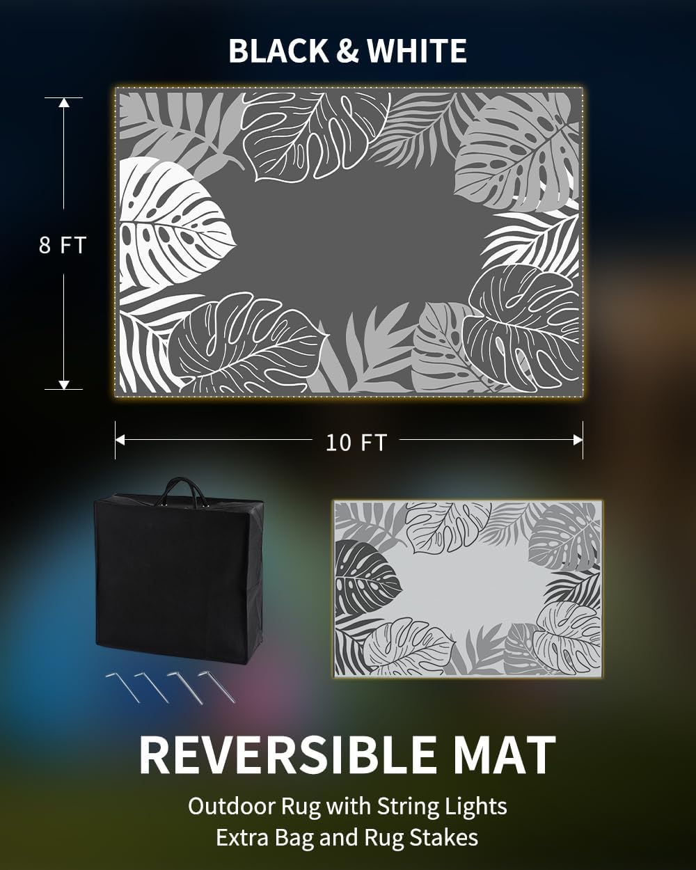 COCOER Tropical Outdoor Rug 8x10 LED Reversible-Waterproof Patio Rug-Quick Dry Outdoor Carpet-Outdoor Area Rugs Indoor Outdoor Rugs-Outside Rug Patio Decor for Porch Deck Balcony Backyard