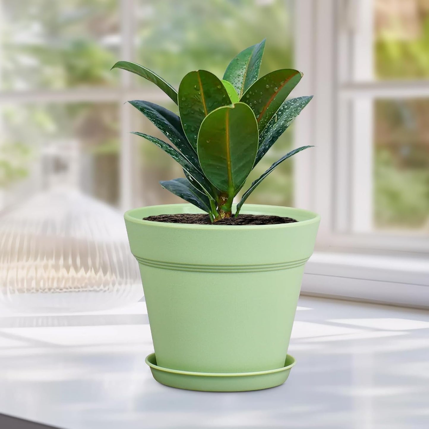 4 inch Small Plastic Nursery Pots, Seedling Pots - 16 Pack Plant Pots for Indoor & Outdoor Plants, Decorative Flower Pots with Drainage Holes and Saucers for House Plants, Green