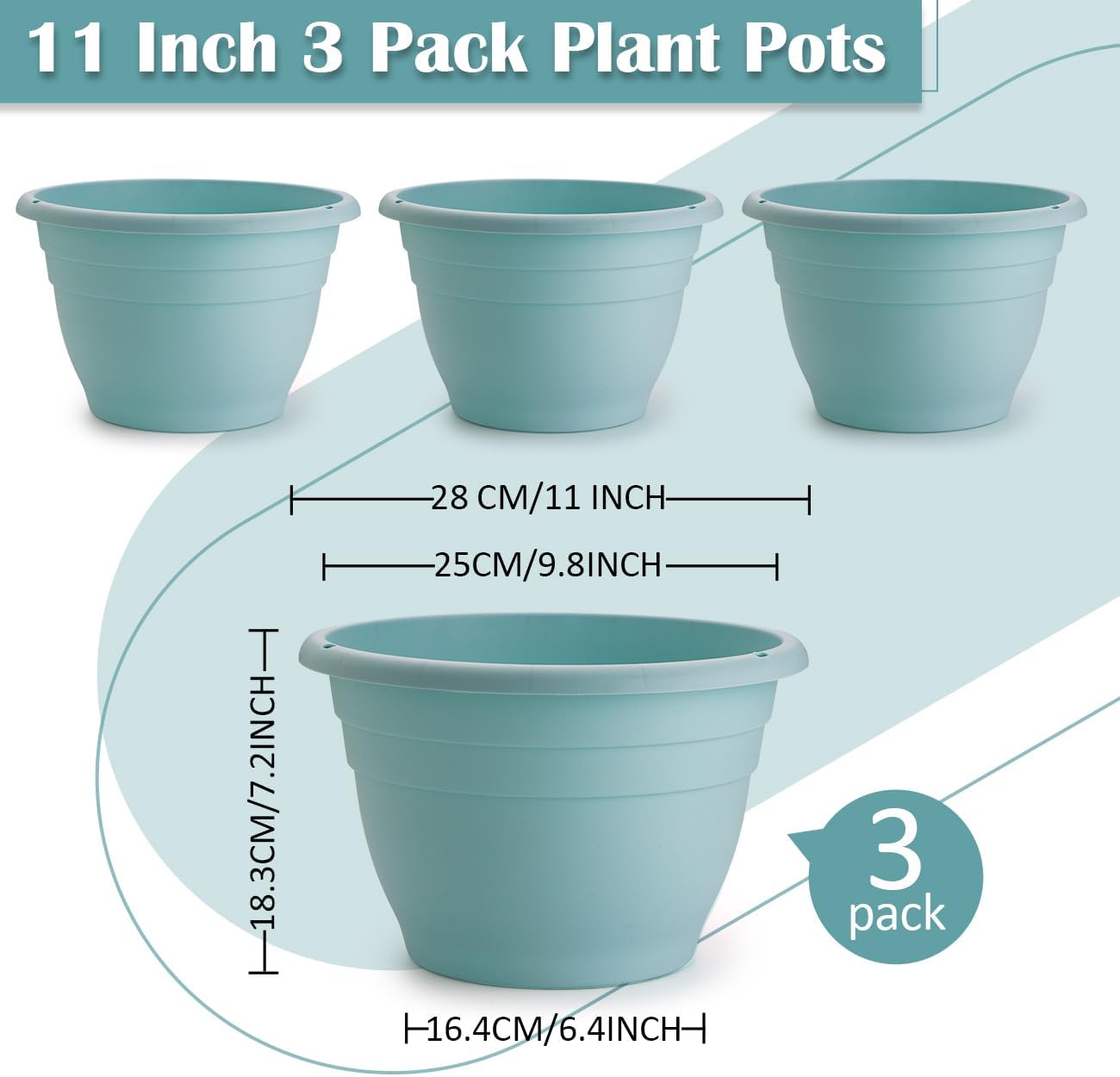 3 Pack 11 Inch Plant Pots with Drainage Hole and Plug, Durable Plastic Flower Pots for Indoor & Outdoor Plants, Elegant Mordern Plant Pots Perfect for Herbs, Flowers & Succulents, Blue
