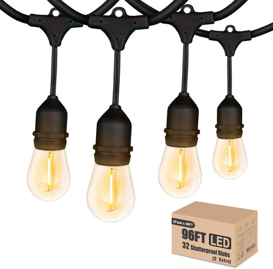 Achin Outdoor String Lights 96FT(48FT*2) Waterproof IP65 LED Patio Lights with 30+2 S14 Edison Bulbs Warm 2200K Hanging Lights Outside Shatterproof String Lights for Outside Bistro, Market, Yard
