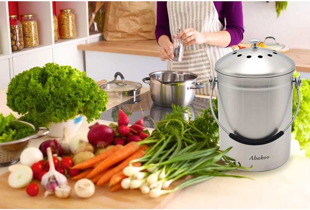 Abakoo Stainless Steel Compost Bin for Kitchen Countertop Compost Bucket Kitchen Pail Compost with Lid 1.3 Gallon-Includes 4 Filters