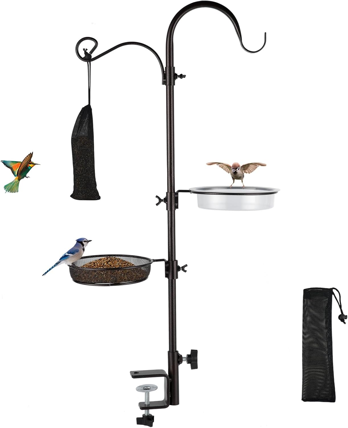 Deck Bird Feeding Station | Premium Multi Feeder Hanging Kit with Bird Bath & Sock Feeder | Attracts Wild Birds, Planter Hanger Hook for Outdoor Deck, Patio, Garden