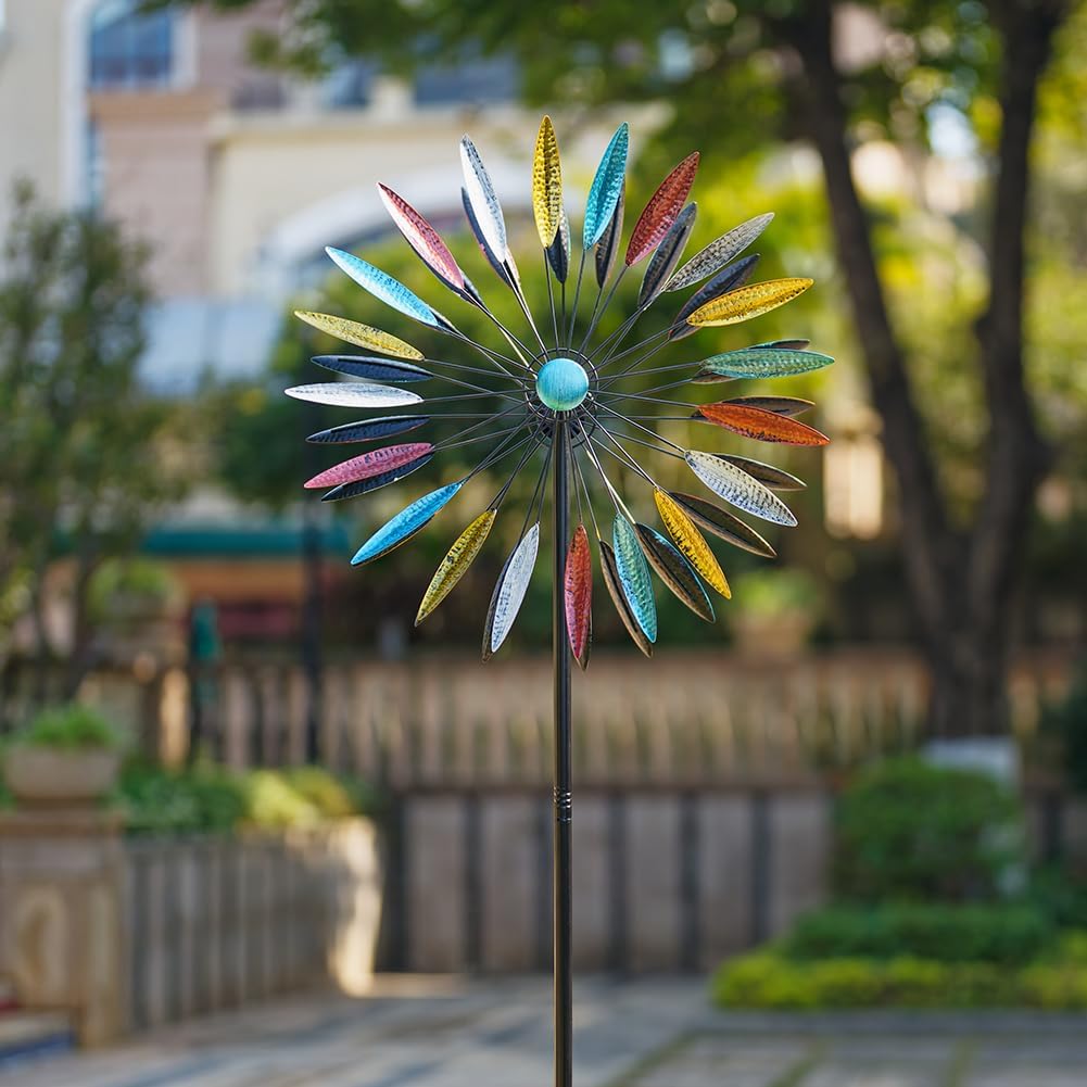 DREAMYSOUL Wind Spinner Outdoor, 23" Dia Dual Colorful Blades Metal Windmills, Kinetic Wind Spinners & Sculpture for Yard and Garden