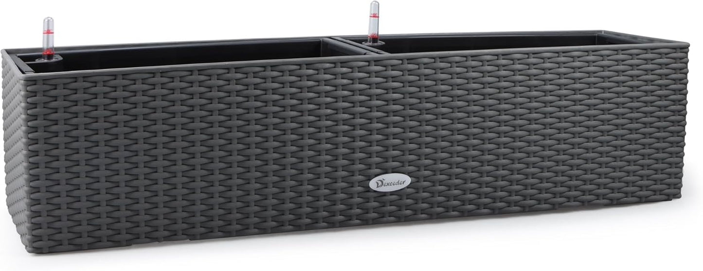 Dexceder 31.5 Inch Rattan Self Watering Planter Indoor Outdoor, Thickened Large Rail Flower Plant Pot Window Box with Water Level Indicators (Deep Gray)