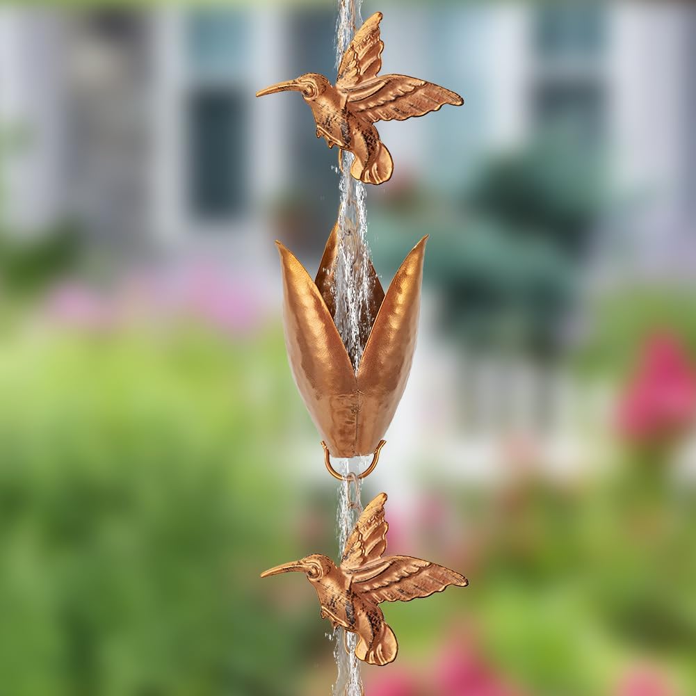Rain Chains for Gutters, 8.5 Ft Rain Water Chain with 10 Tulip Cups & Detachable Hummingbird Decor, Adjustable Gold Rain Catcher Chain, Replacement for Downspout