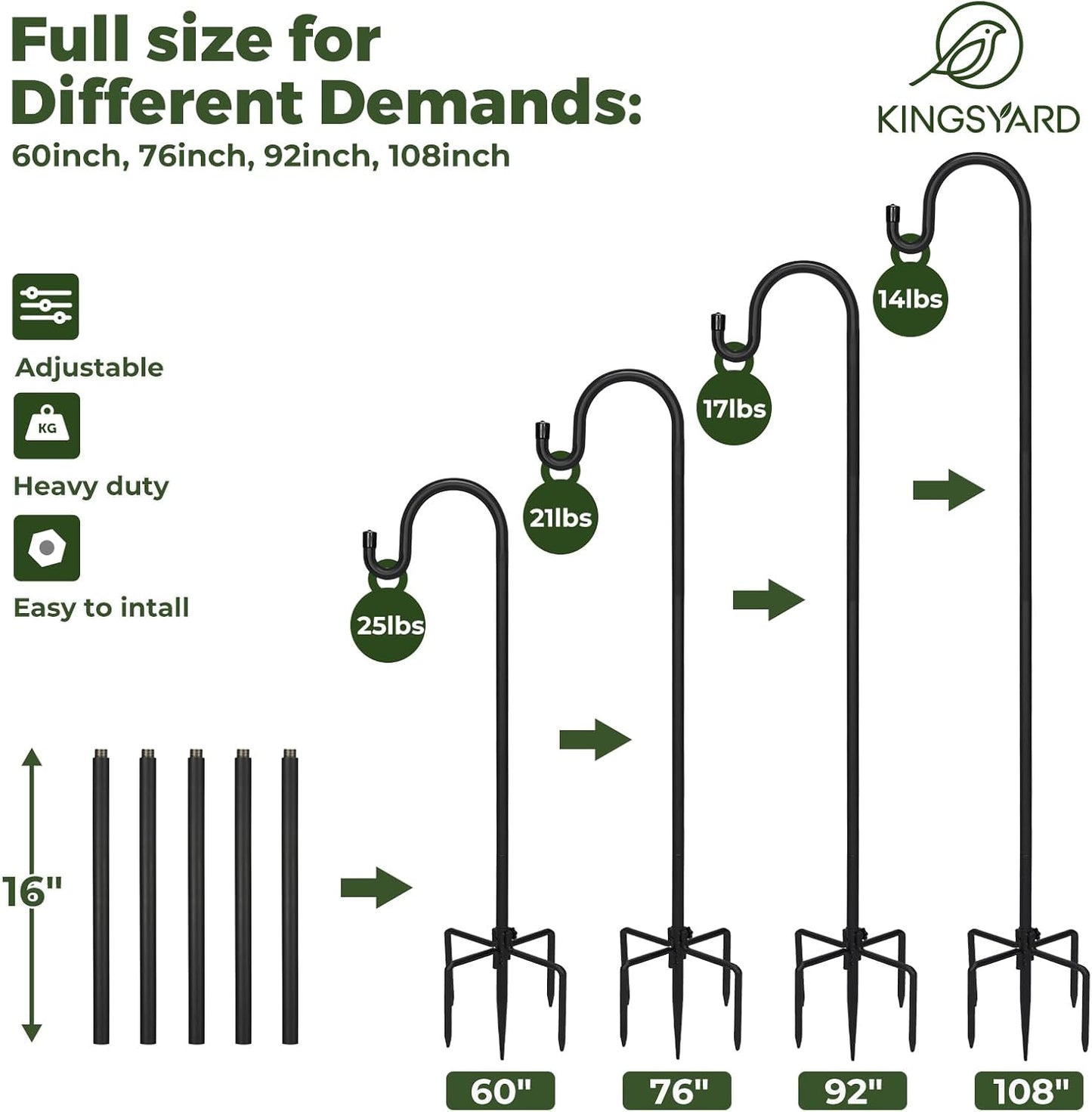 Kingsyard 2 Pack Adjustable Shepherd Hooks for Outdoor - 92 INCH Heavy Duty Bird Feeder Pole with 5 Prong Base, Hummingbird Feeder Stand, Garden Plant Baskets, Weddings Decor, Solar Light Lanterns