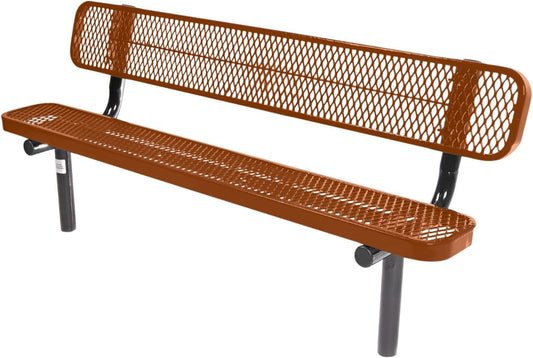Heavy-Duty Outdoor Bench Thermoplastic Coated, Expanded Metal, Commercial-Grade Seating, Made in America (Inground with Back, 6 Ft, Textured Copper)