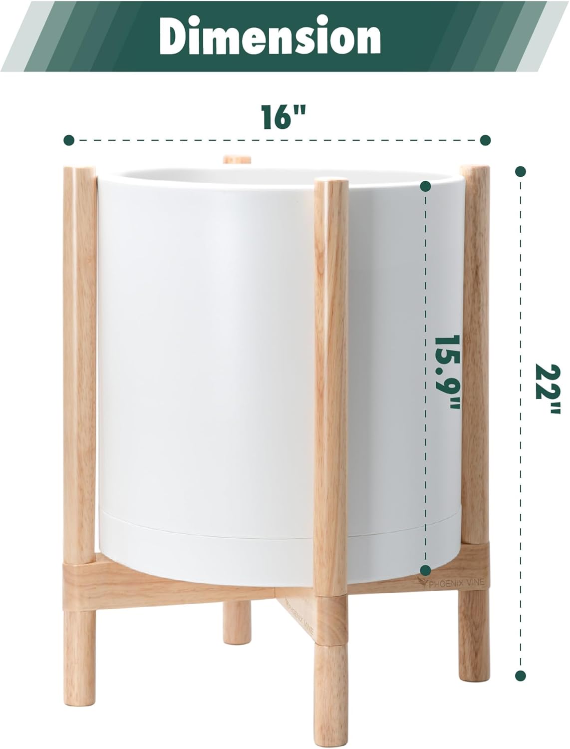 D'vine Dev Planter Pot with Stand - 16 Inch Plastic Cylinder Flower Pot with Wood Planter Holder for Indoor, Matte White Pot + Natural Stand, 55-C-Y-1