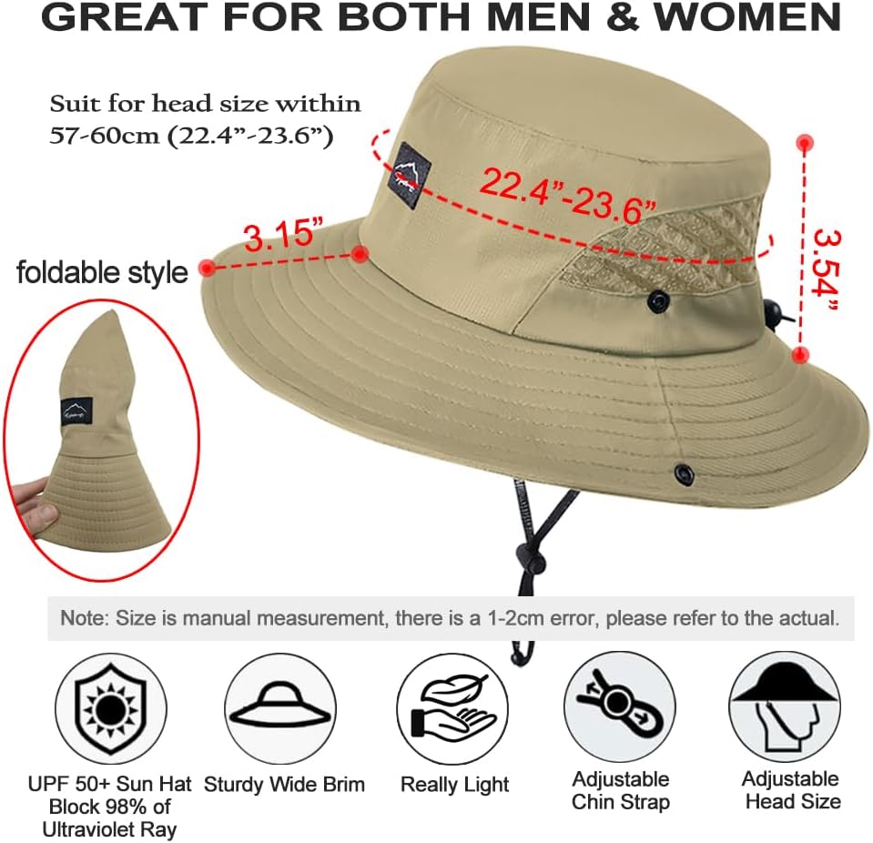 Fishing Hat, UPF50+ Wide Brim Sun Hat for Men Women, UV Protection Hiking Beach Bucket Hats Summer Safari Hat
