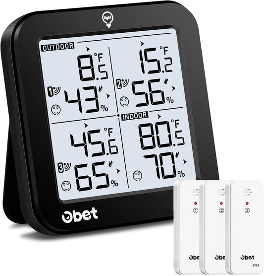 OBET Indoor Outdoor Thermometer Wireless with 3 Sensors Weather Station Temperature Humidity Monitor 500ft Range and Adjustable Backlight and Min Max Data Black