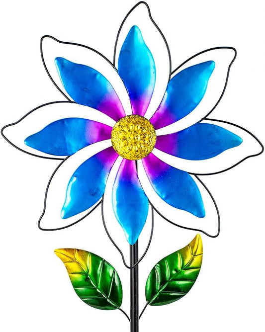 14'' Wind Spinners Outdoor, Flower Metal Garden Wind Spinners Outdoor, Kinetic Wind Sculptures & Spinners for Yard Garden Lawn Decor (Blue)