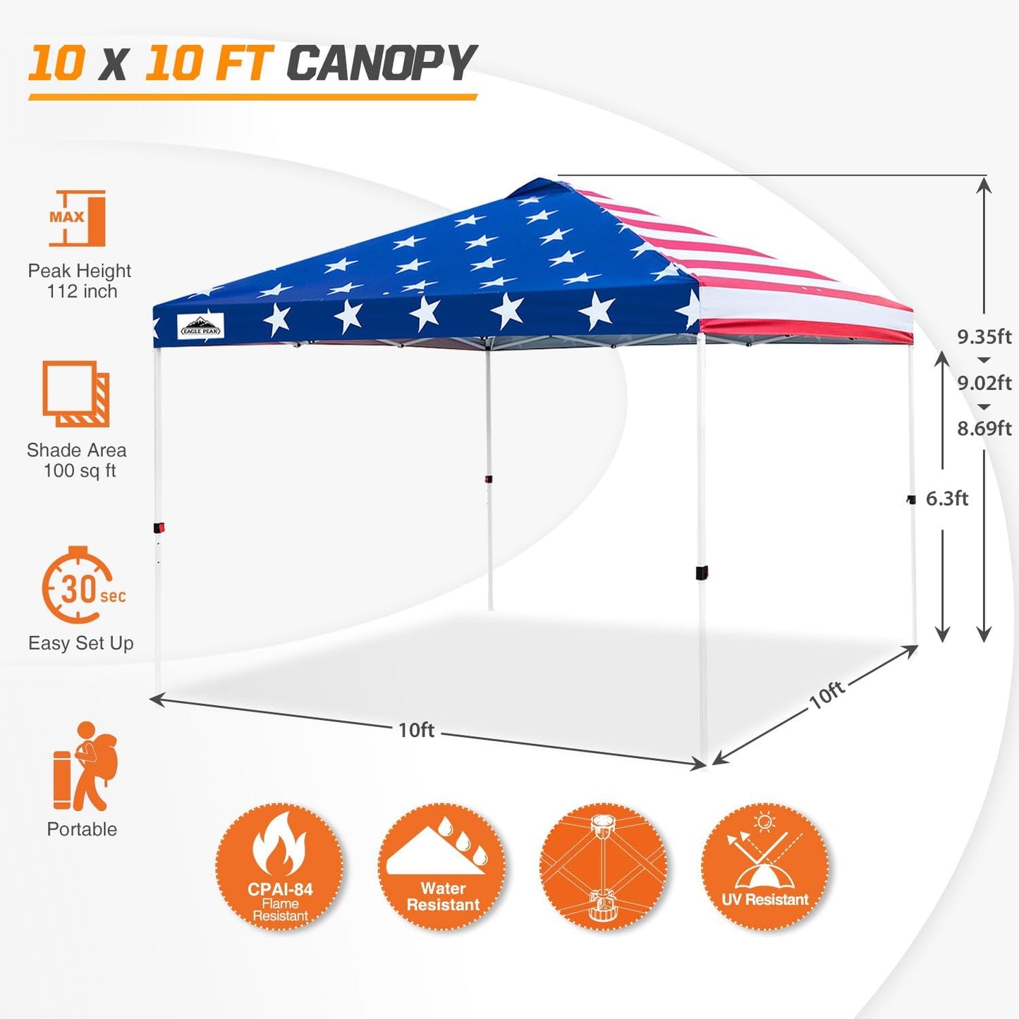 EAGLE PEAK Pop Up Canopy Tent with Wheeled Carry Bag, 8 Stakes, 4 Ropes, 4 Weight Bags, Easy Set Up Tent Canopy, 10x10 ft, 100sqft of Shade, American Flag