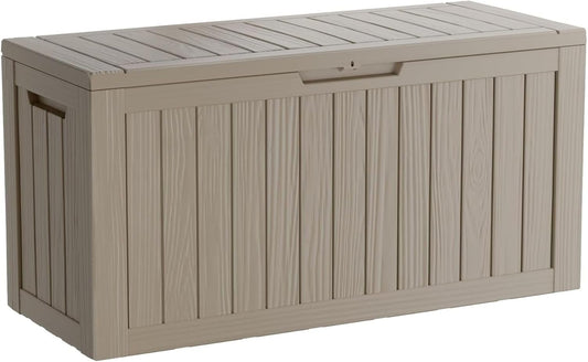 80 Gallon Waterproof Deck Box, Lockable Resin Storage Box for Patio Furniture Cushions Garden Tools and Outdoor Delivery Storage, Coffee