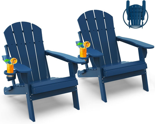 GREENVINES Folding-Adirondack-Chairs-Set-of-2 | HDPE Plastic | Fire Pit Chair | All Weather | Cup Holder | Blue | for Deck Backyard Patio Outdoor Garden