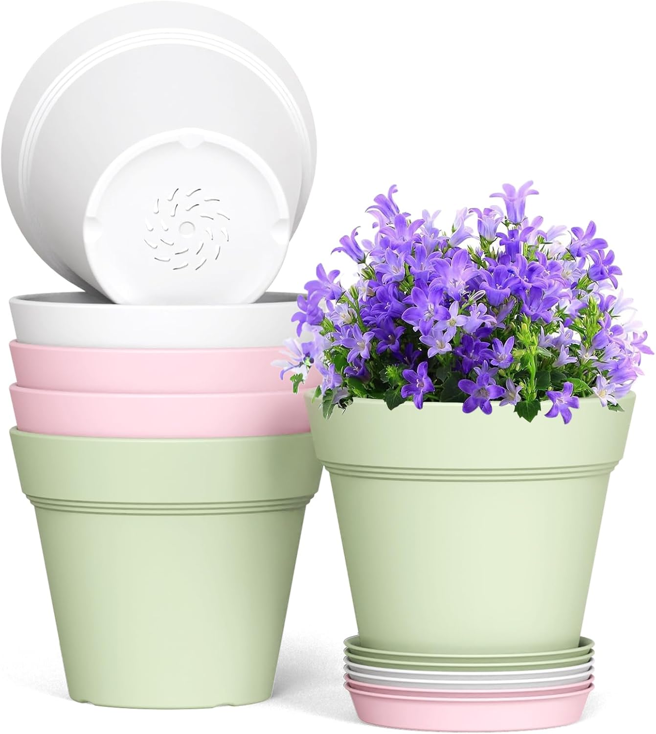 6 Inch Thick Plastic Plant Pots with Drainage Holes and Trays – 6 Pack Nursery Pots for Indoor & Outdoor House Plants, Seedling Starter Planters for Garden Flowers, Colorful