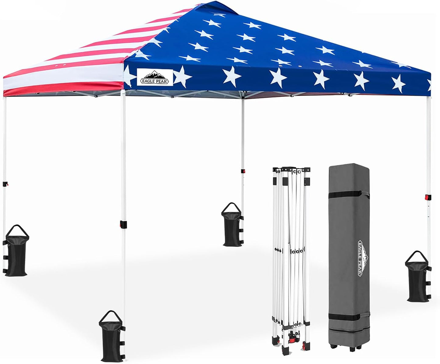 EAGLE PEAK Pop Up Canopy Tent with Wheeled Carry Bag, 8 Stakes, 4 Ropes, 4 Weight Bags, Easy Set Up Tent Canopy, 10x10 ft, 100sqft of Shade, American Flag