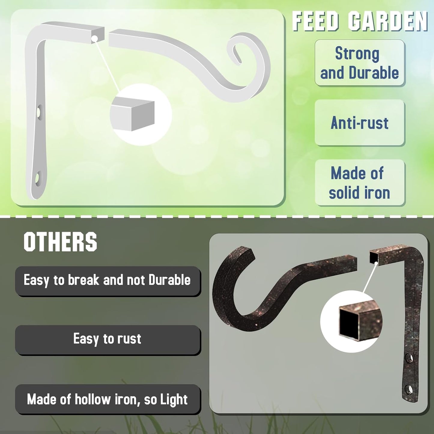 FEED GARDEN Hand-Forged Hanging Plant Bracket Iron Wall Hook for Hanging Bird Feeders, Wind Chimes, Flower Baskets, Lanterns, Yoga Mat, Indoor/Outdoor Use (6 Inch 2 Pack, White, with 4 Screws)