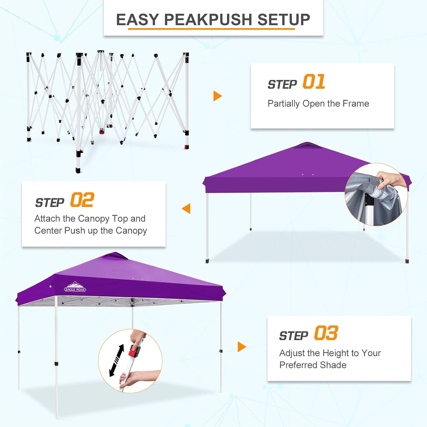 EAGLE PEAK Pop Up Canopy Tent with Wheeled Carry Bag, 8 Stakes, 4 Ropes, 4 Weight Bags, Easy Set Up Tent Canopy, 12x12 ft, 144sqft of Shade, Purple