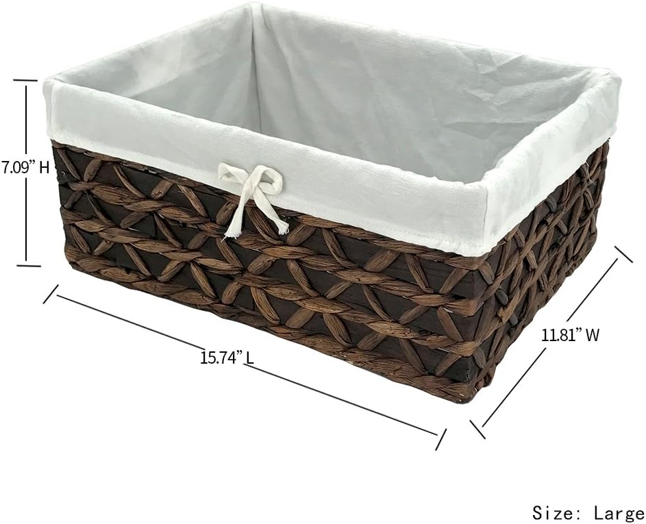 Basket of Rectangular Woven Seagrass Storage Bin with Handle,Kingwillow. (Wood&water hyacinth, Set of 3)