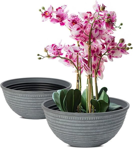 2 Pack 10 Inch Plant Pots,Durable Decorative Flower Pots Planters with Drainage Hole for Indoor and Outdoor Plants,Flowers,Succulents, Gray