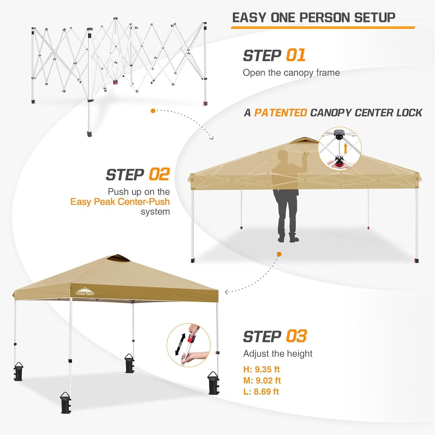 EAGLE PEAK Pop Up Canopy Tent with Wheeled Carry Bag, 8 Stakes, 4 Ropes, 4 Weight Bags, Easy Set Up Tent Canopy, 10x10 ft, 100sqft of Shade, Beige