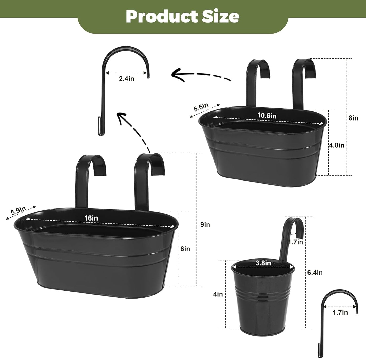 3 Different Size Metal Iron Hanging Flower Pots 10 Pcs for Outdoor Plants Metal Hanging Bucket Pots Iron Railing Fence Planter with Drainage Holes and Hooks for Porch Railing Balcony Fence (Black)