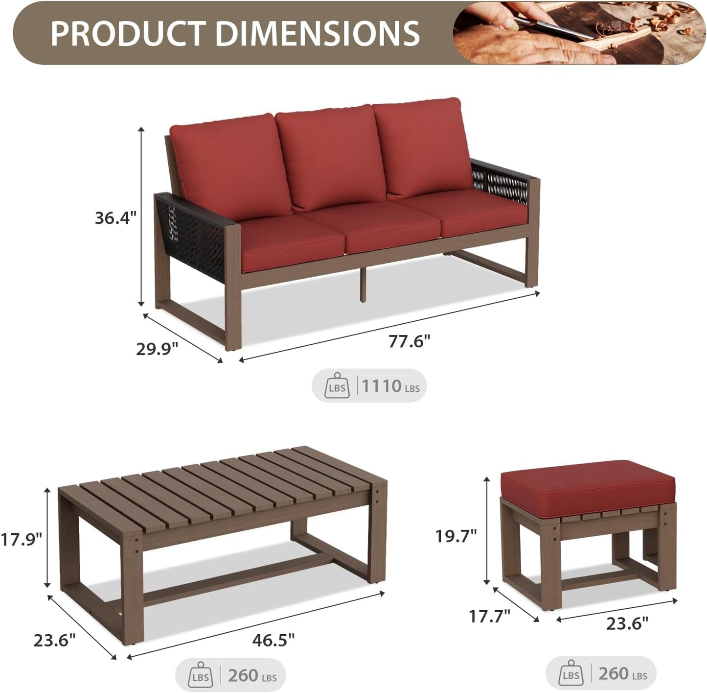 EAGLE PEAK Natural Wood Outdoor Patio Furniture, Cedar Furniture, Conversation Set, Outdoor Seating for Deck Patio Porch, Sofa, 2 Ottomans & Coffee Table, 4 Pieces, Brown/Red