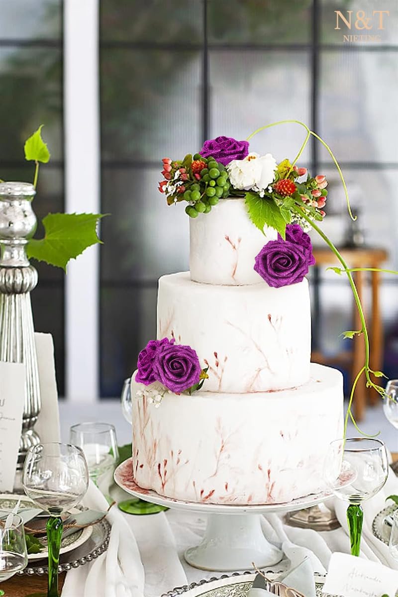 N&T NIETING Artificial Flowers Glowing Purple Flowers Foam 25pcs Glitter Roses Real Looking Fake Roses with Stem for DIY Wedding Bouquets Centerpieces Bridal Shower Party Home Decorations