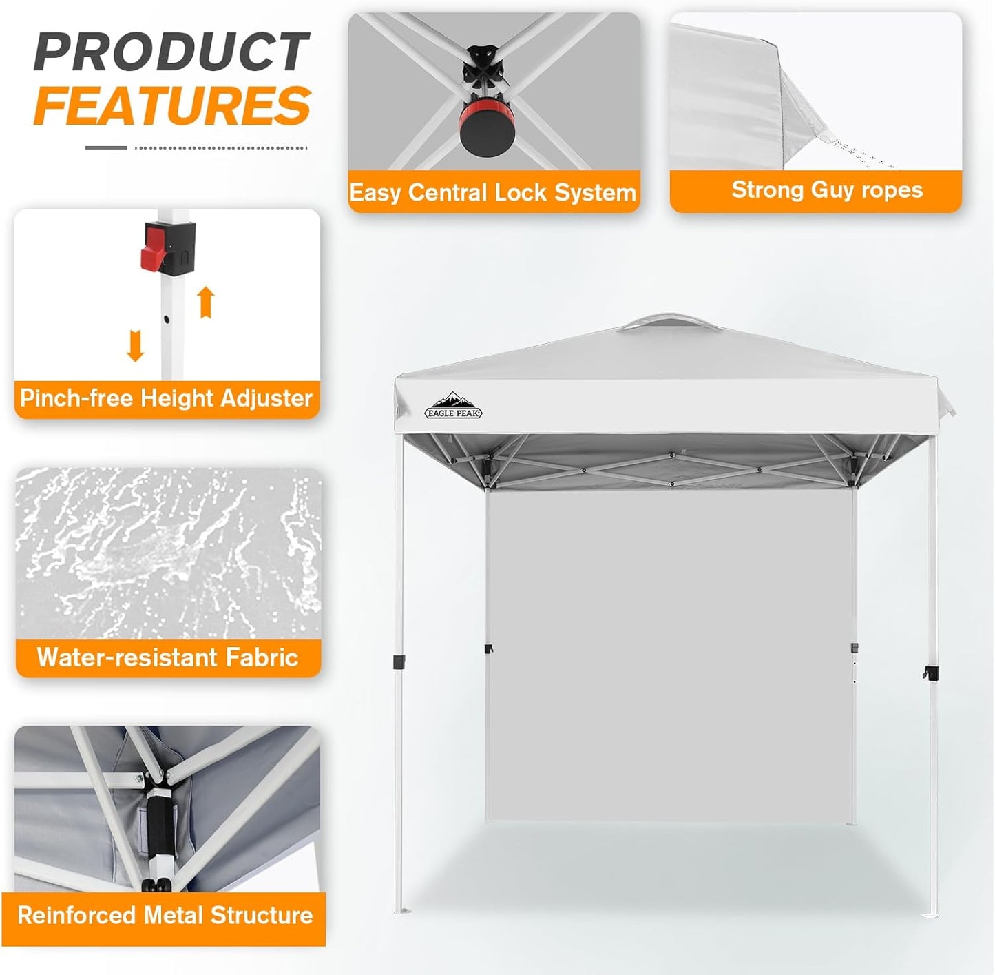EAGLE PEAK Pop Up Canopy Tent with 1 Sidewall, Easy Setup Event Tent, Outdoor Sun Shade, Wheeled Carry Bag, Stakes and Guy Ropes, Instant Canopy 6.6x6.6, White