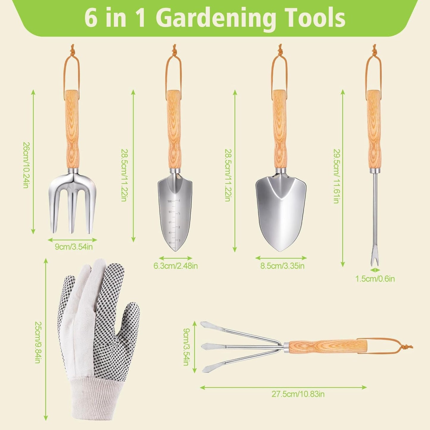 Garden Tools 5-Pieces, Heavy Duty Gardening Hand Tools with Wooden Handle, Canvas Gloves, Stainless Steel Material, Rust-Proof Garden Tool Set, Ideal Gardening Gifts for Women