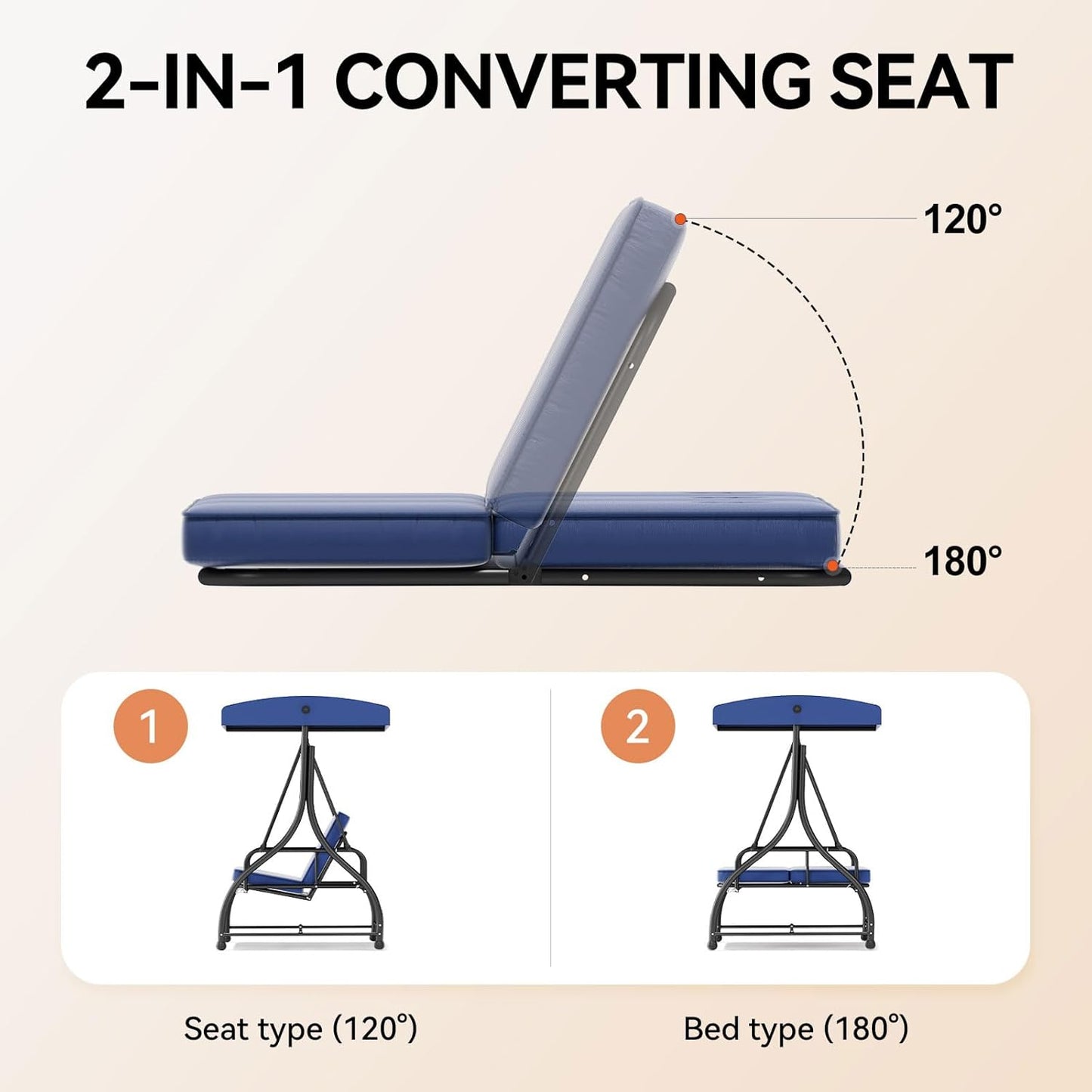 3-Seat Patio Swing Chair Outdoor Heavy Duty Steel Frame with Adjustable Canopy Removable Cushions - All Weather Porch Swings Glider for Backyard, Garden, Poolside - Navy Blue