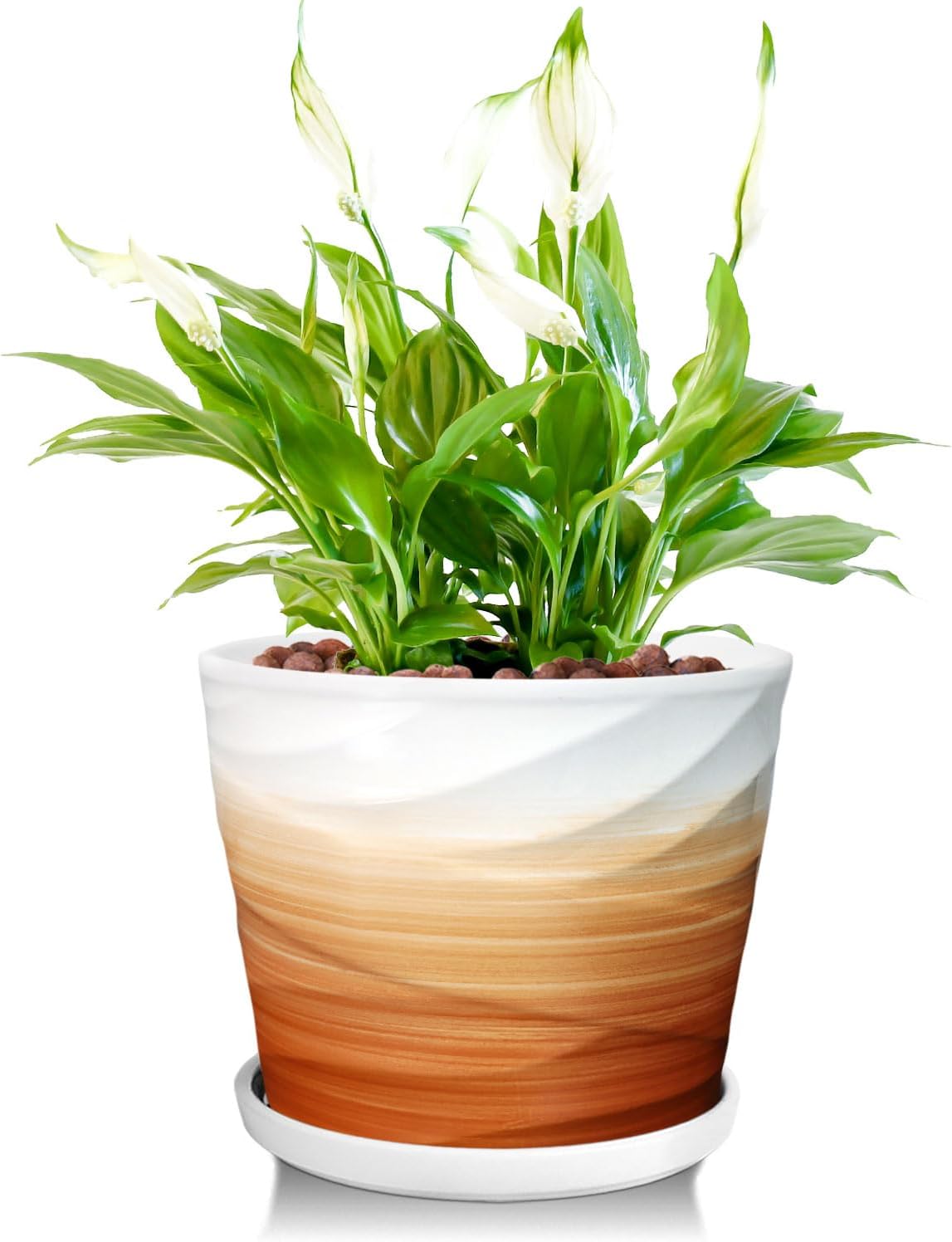 8 Inch Plant Pot, Ceramic Planter with Drainage and Saucer, Ceramic Pots for Plants, Indoor Plant pots, Flower pots，Modern Planter(Khaki + White)