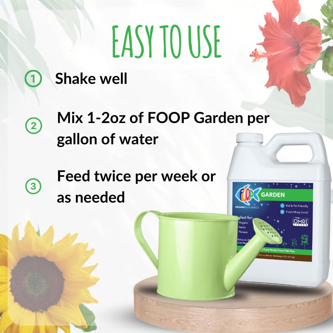 FOOP Garden - Organic Liquid Plant Food Made from Fish Manure (with Fresh Minty Scent) | Fish Fertilizer Alternative Perfect for Veggies, Herbs, Flowers,Trees,Shrubs | Kid&Pet Friendly (32oz, 2 Pack)