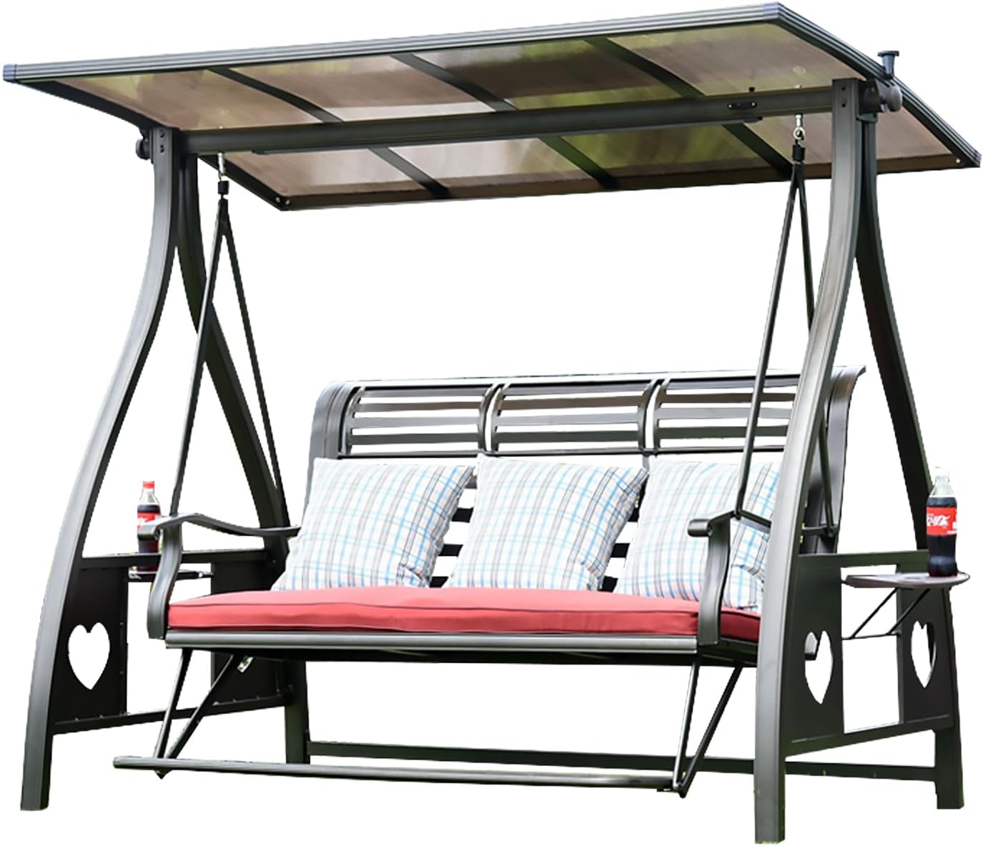 3-Seat Solar Outdoor Patio Swing Chair with Footrest Outdoor Porch Swing with Aluminum Frame Adjustable Tilt Canopy for Poolside Balcony Backyard (Plaid Pillow + Red Cushion)