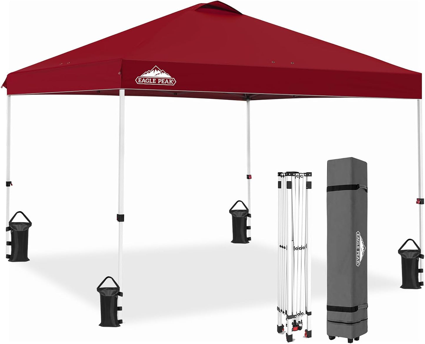 EAGLE PEAK Pop Up Canopy Tent with Wheeled Carry Bag, 8 Stakes, 4 Ropes, 4 Weight Bags, Easy Set Up Tent Canopy, 10x10 ft, 100sqft of Shade, Burgundy