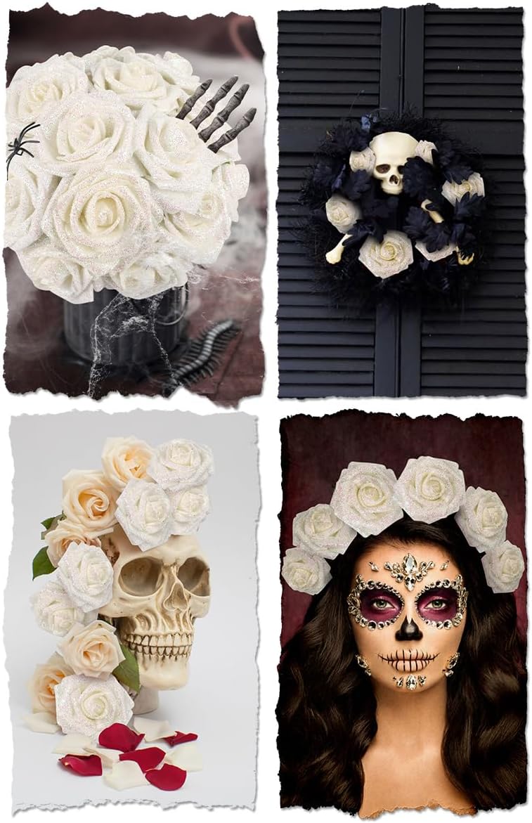 N&T NIETING Artificial Flowers Glowing White Flowers Foam 50pcs Glitter Roses Real Looking Fake Roses with Stem for DIY Wedding Bouquets Centerpieces Bridal Shower Party Home Decorations