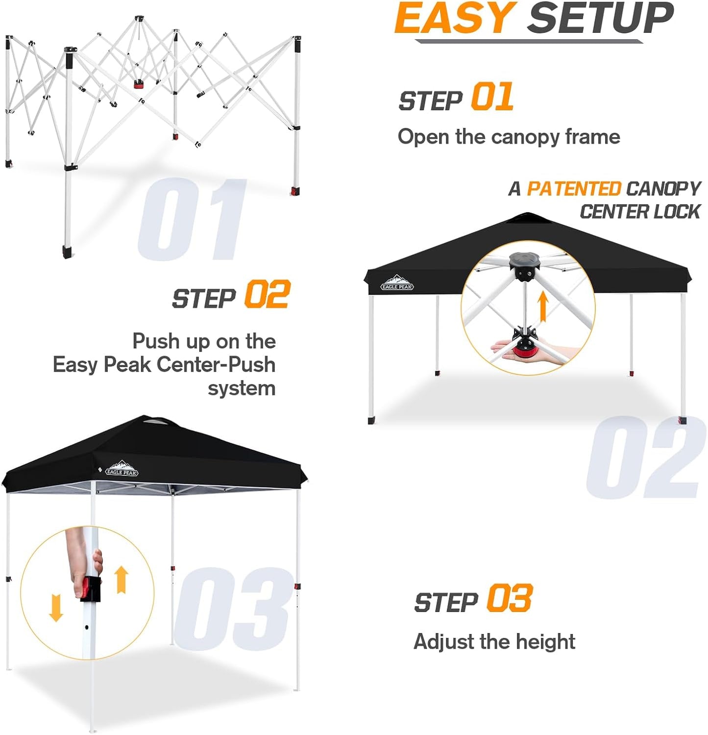 EAGLE PEAK Pop Up Canopy Tent with Wheeled Carry Bag, 8 Stakes, 4 Ropes, Easy Set Up Tent Canopy, 6.6x6.6 ft, Black