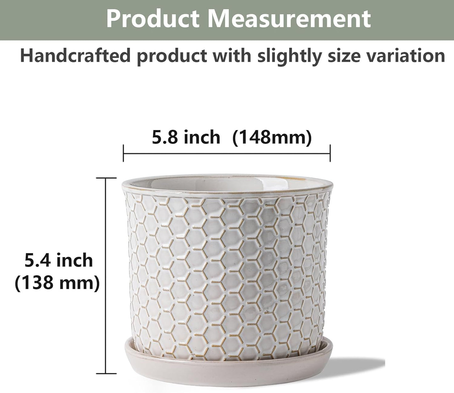 5.8 Inch Plant Pot: Ceramic Planter with Drainage Hole & Saucer - Flowerpot for Indoor & Outdoor Plants with Separate Tray for Home & Office - Honeycomb Design, Cream White