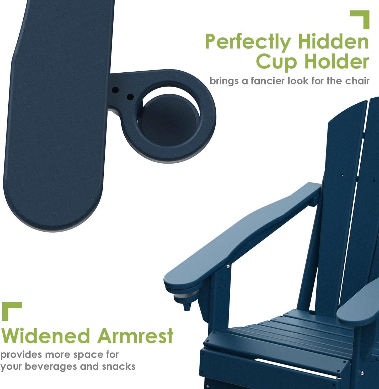 GREENVINES Folding-Adirondack-Chairs-Set-of-4 | HDPE Plastic | Fire Pit Chair | All Weather | Cup Holder | Blue | for Deck Backyard Patio Outdoor Garden