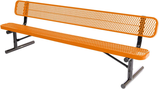 Heavy-Duty Portable Outdoor Bench Thermoplastic Coated, Expanded Metal, Commercial-Grade Seating, Made in America (Portable with Back, 8 Ft, Textured Orange)