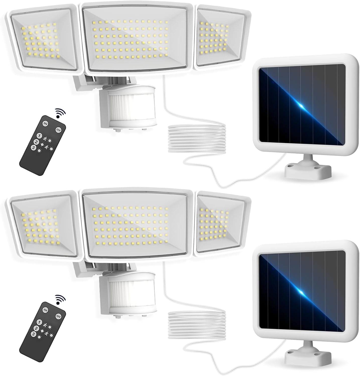 Energetic Solar Outdoor Lights, 1800LM 192 LED Security Motion Sensor Outdoor Lights with Remote Control, IP65 Waterproof Floodlight, 3 Head Motion Detected Spotlight for Garage, Pack of 2 (White)