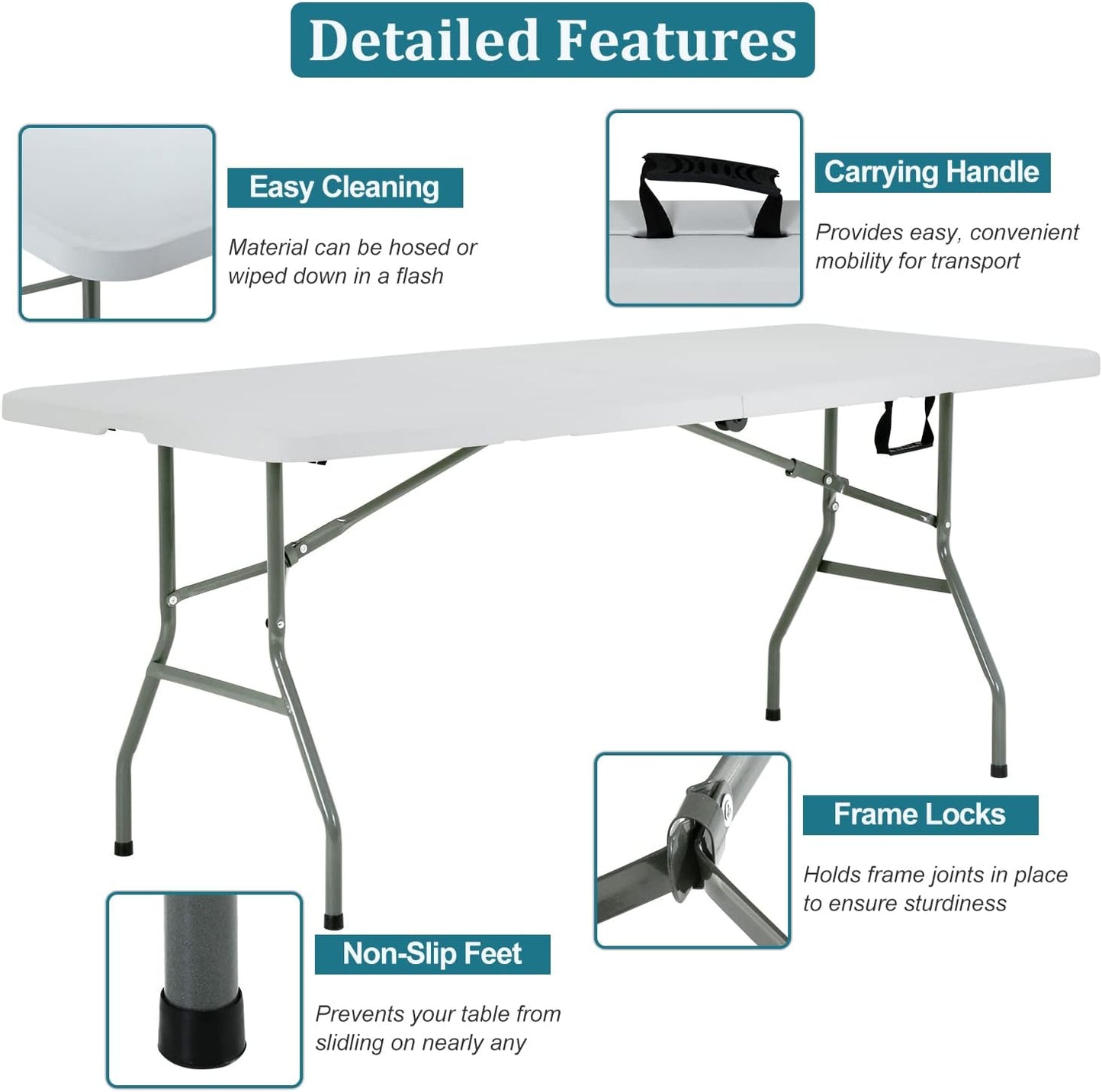 6FT Folding Table, Heavy Duty Plastic Table Portable Fold-in-Half Utility Table Indoor Outdoor Picnic Table w/Handle & Lock for Camping BBQ Party Wedding Market Events, 500LBS