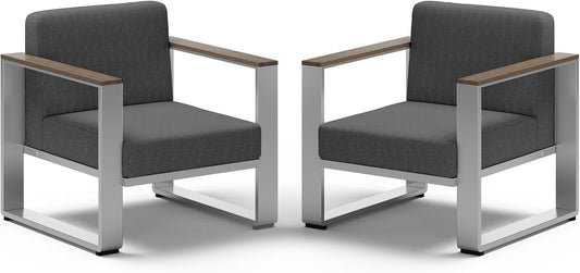 Aluminum Outdoor Patio Furniture, 2 Pieces Armchairs, All-Weather Metal Modern Outside Single Sofa for Deck, Porch (LightGray)