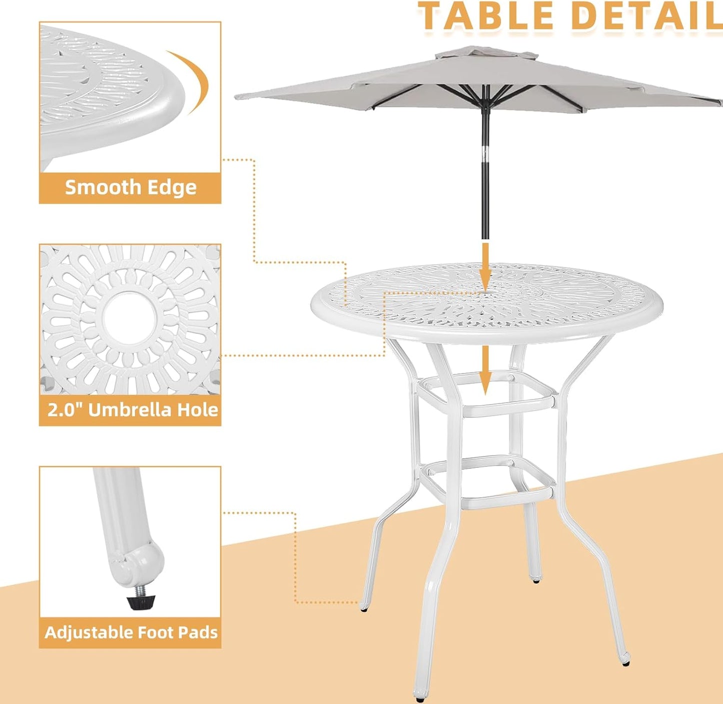 5 Pieces Patio Swivel Bar Set, Patio Bar Table and Chairs Set, All-Weather Cast Aluminum Outdoor Swivel Bar Stools of 4 and 35.4" Round Bar Table, High Top Bistro Set for Deck, Pool, White