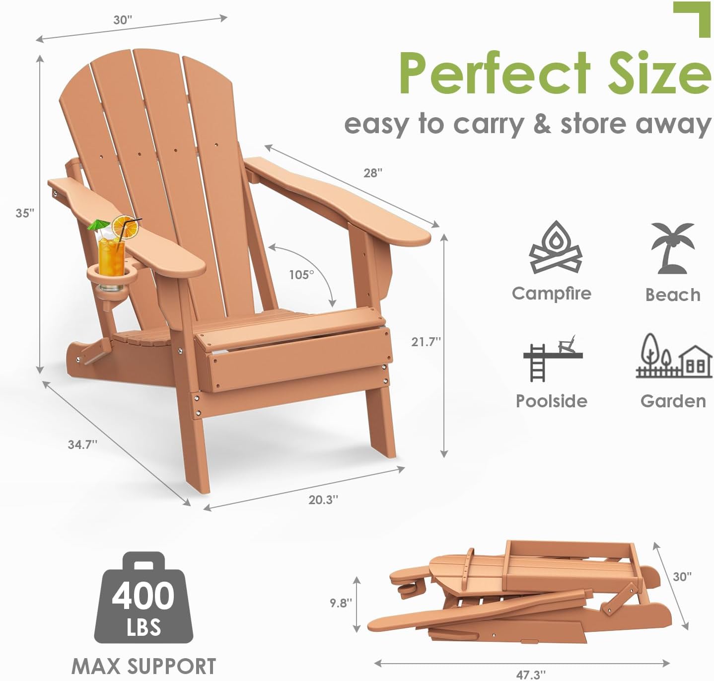 GREENVINES Folding-Adirondack-Chairs-Set-of-4 | HDPE Plastic | Fire Pit Chair | All Weather | Cup Holder | Teak | for Deck Backyard Patio Outdoor Garden