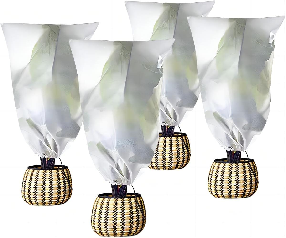 Agfabric Plant Covers Freeze Protection H30 xW60 0.9oz Plant Frost Protection Covers Drawstring Bags Winter Frost Pests Protection,White,4 Pack