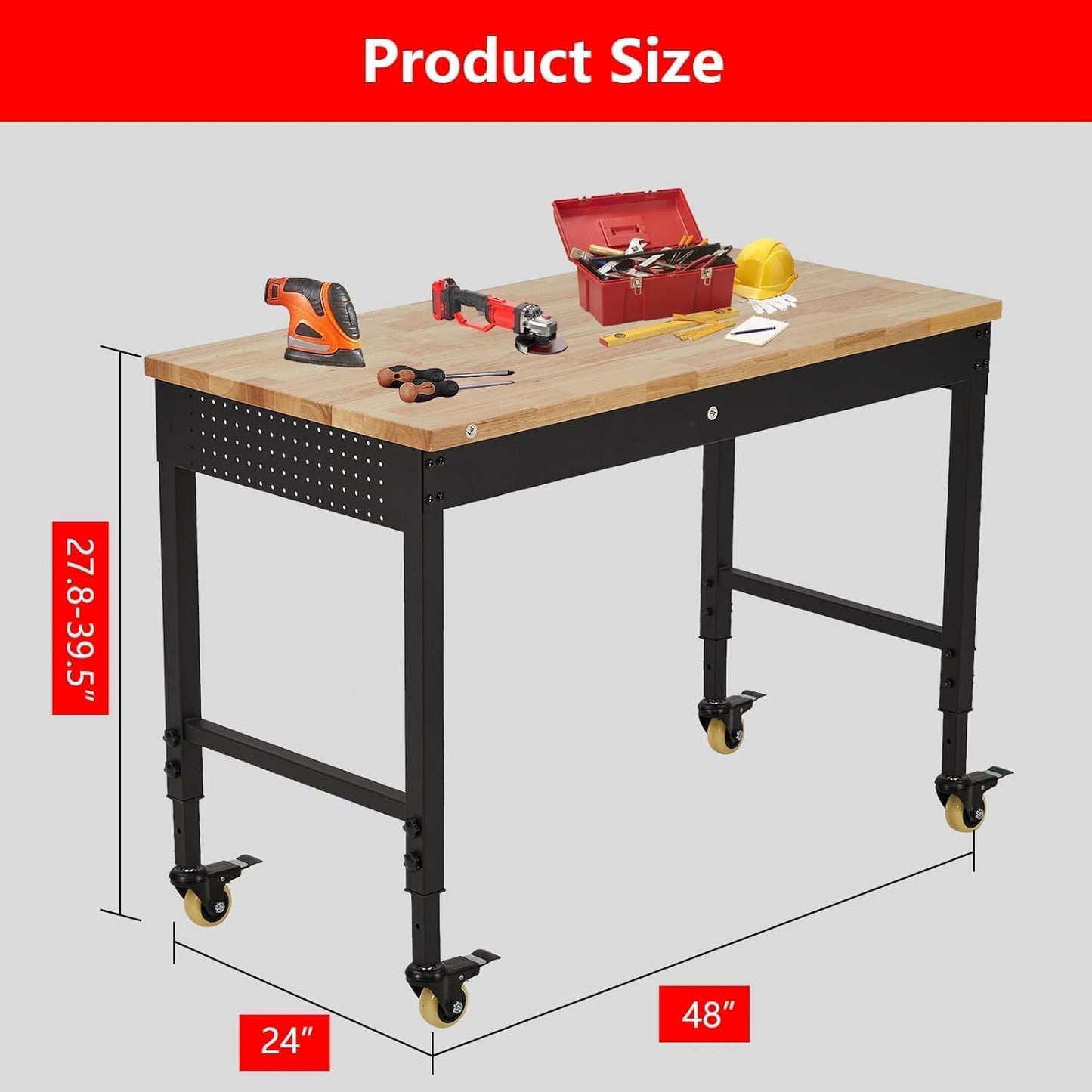 48'' Adjustable Workbench on Wheels, 2000LBS Heavy Duty Worktable with Power Outlets & Drawers & Pegboard, Rubberwood Workstation for Workshop, Garage, Office, Home